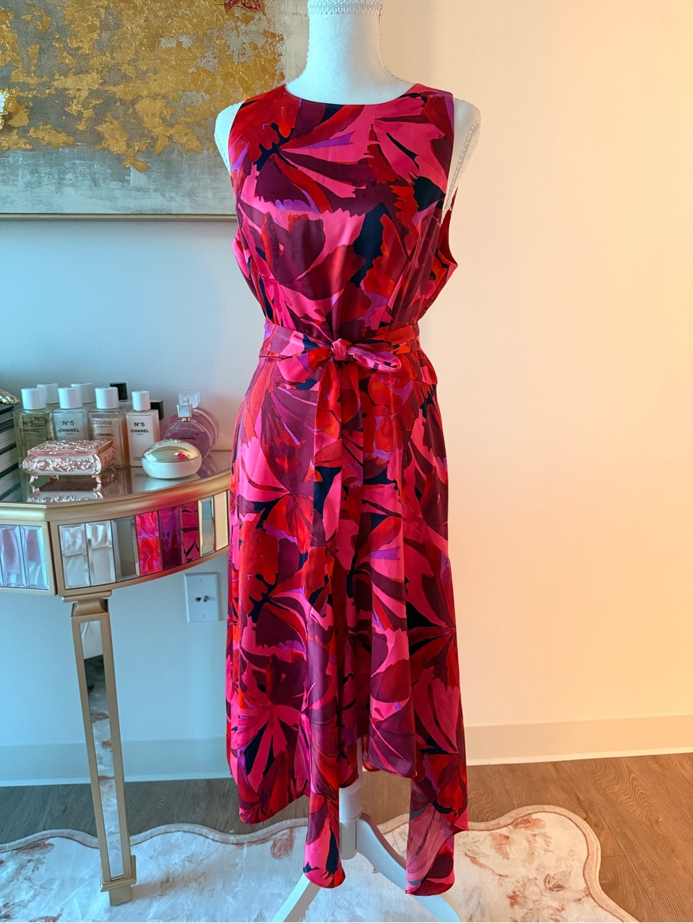 Sleeveless Floral Midi Dress with Tie Waist - Pink Red